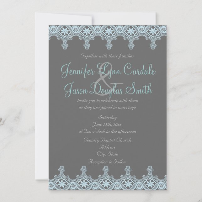 Elegantes invitaciones a la boda de encaje gris y  (Anverso)