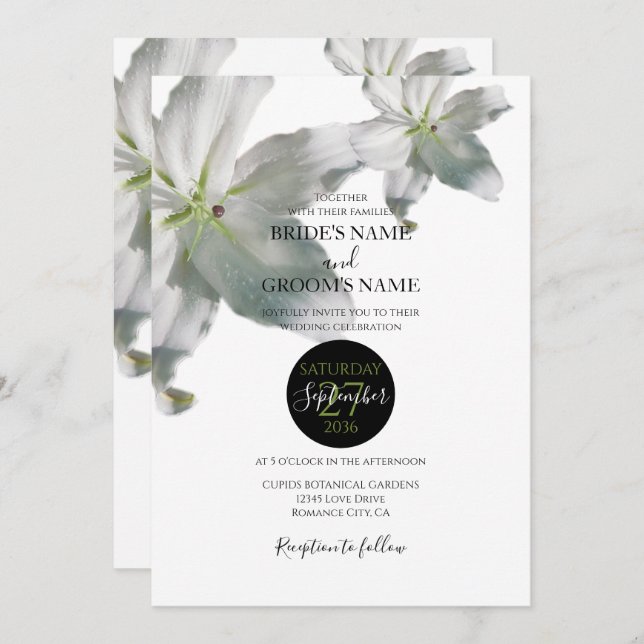 Elegantes invitaciones a la boda de lirios blancos (Anverso / Reverso)
