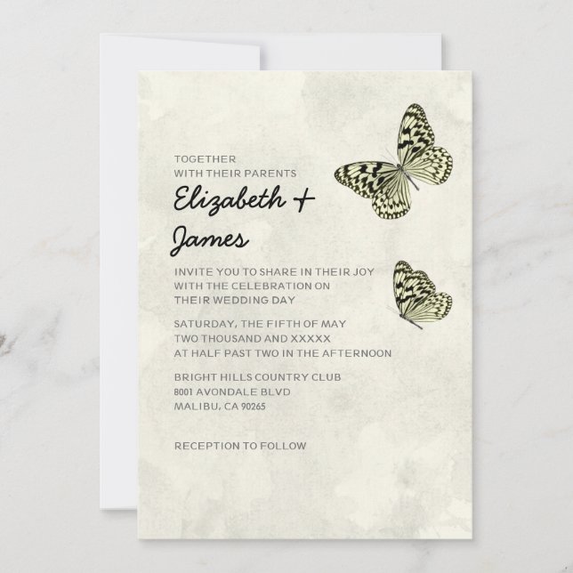 Elegantes invitaciones a la boda de mariposas (Anverso)