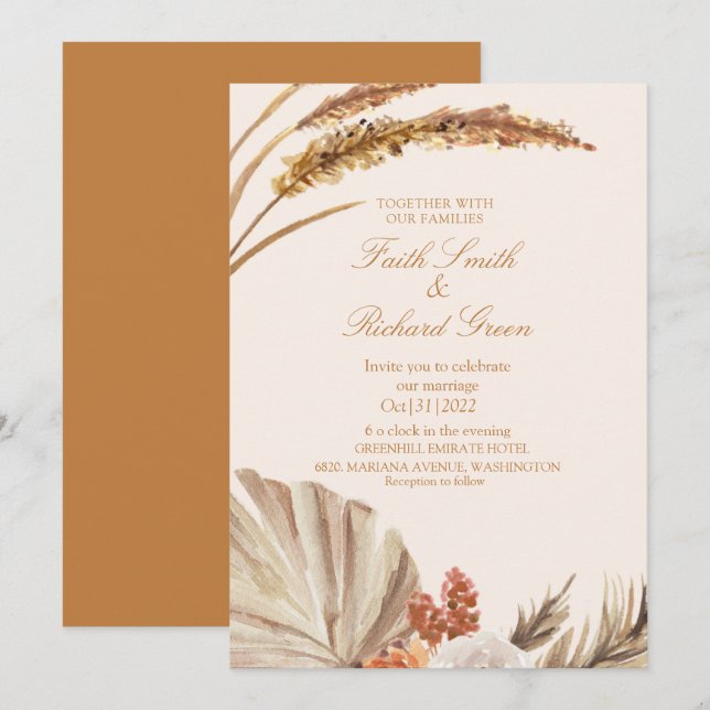 Elegantes invitaciones a la Boda de Oro Pampas (Anverso / Reverso)