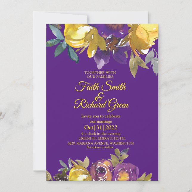 Elegantes invitaciones a la Boda de Oro y Púrpura (Anverso)