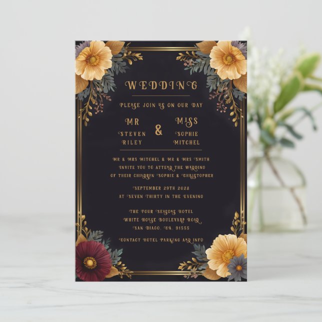 Elegantes invitaciones a la boda floral (Anverso de pie)