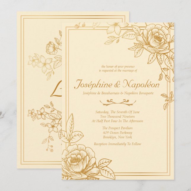 Elegantes invitaciones a la boda floral de oro (Anverso / Reverso)