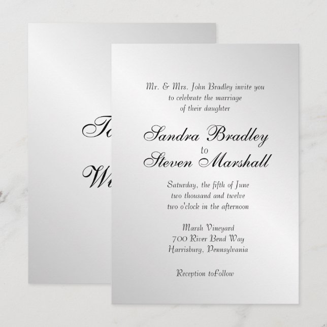 Elegantes invitaciones a la boda plateada (Anverso / Reverso)