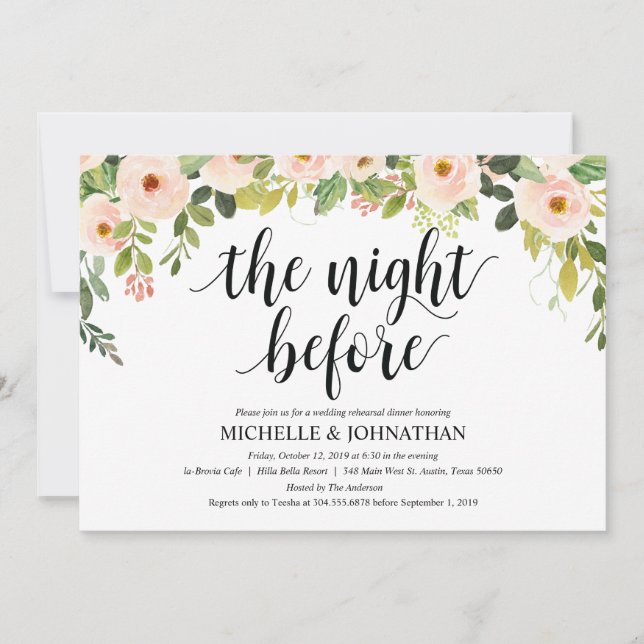 Elegantes invitaciones a la cena de Bodas de Rubor (Anverso)