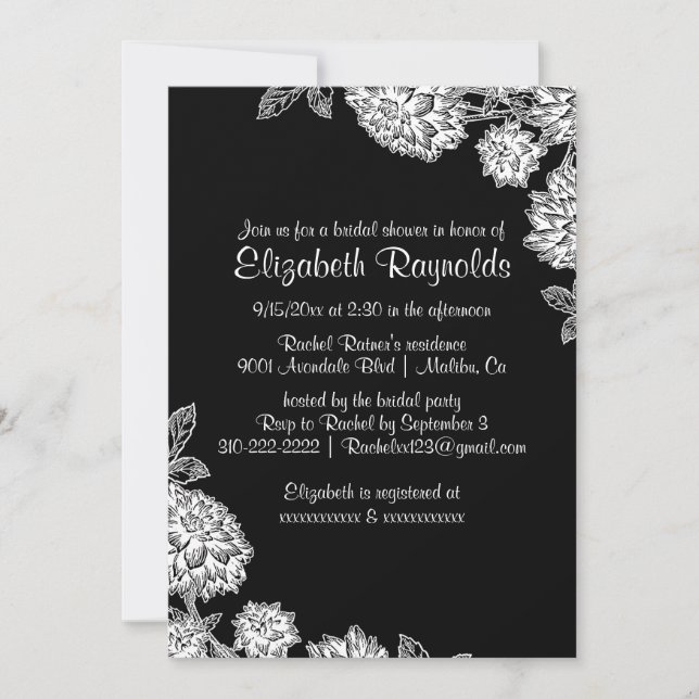 Elegantes invitaciones a la ducha de novia en blan (Anverso)