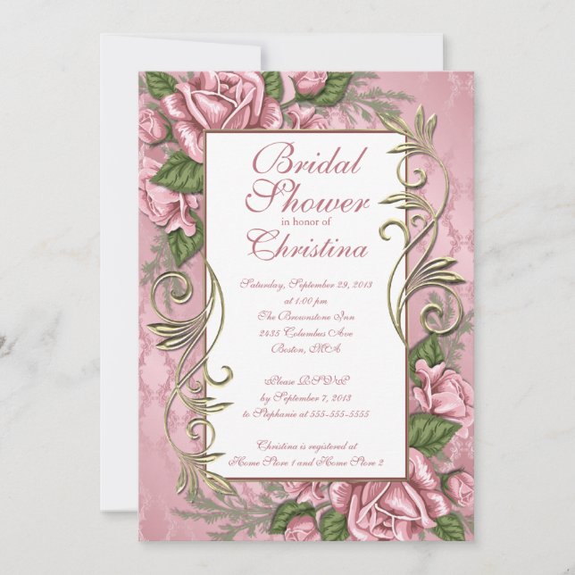 Elegantes invitaciones a la ducha de novia rosa (Anverso)