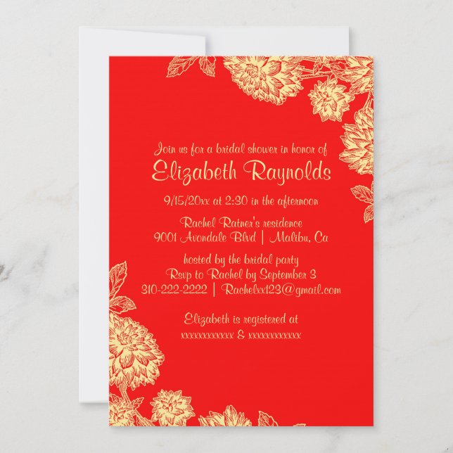 Elegantes invitaciones a la ducha de novias rojas  (Anverso)