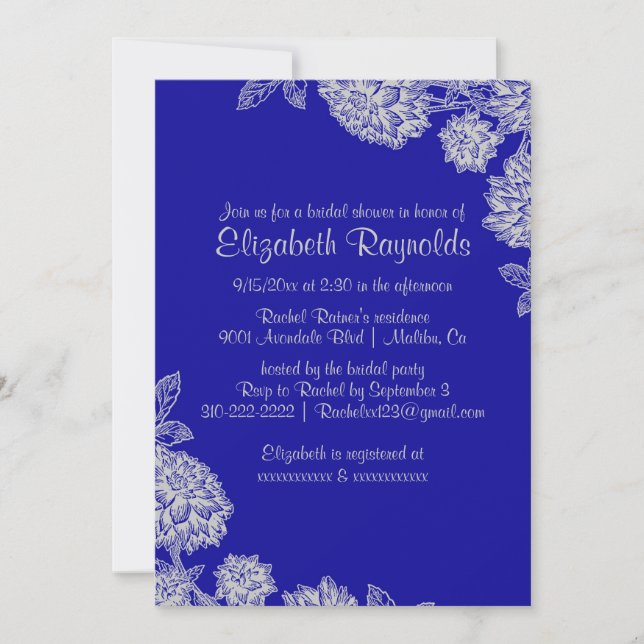 Elegantes invitaciones a la ducha Royal Blue Brida (Anverso)