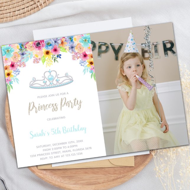 Elegantes invitaciones a la fiesta de la princesa  (Crown Floral Princess Birthday Invitations w photo)