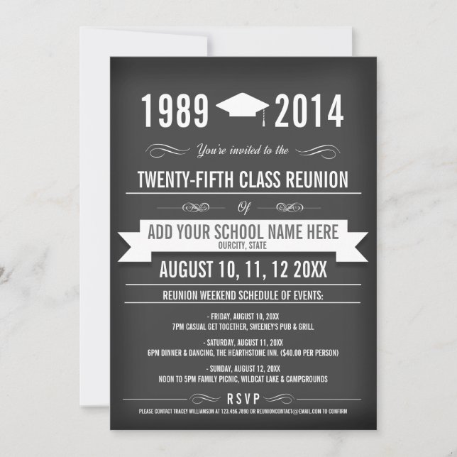 Elegantes invitaciones a Reunión de Clase Gris de  (Anverso)