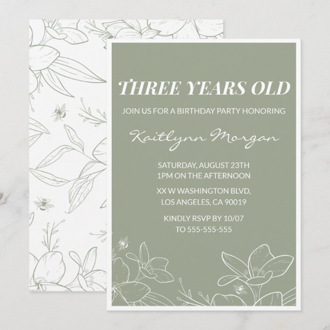 Elegantes invitaciones de 3 años Floral Green (Anverso / Reverso)