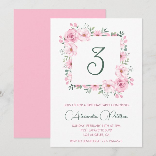 Elegantes invitaciones de 3 años Floral Pink (Anverso / Reverso)