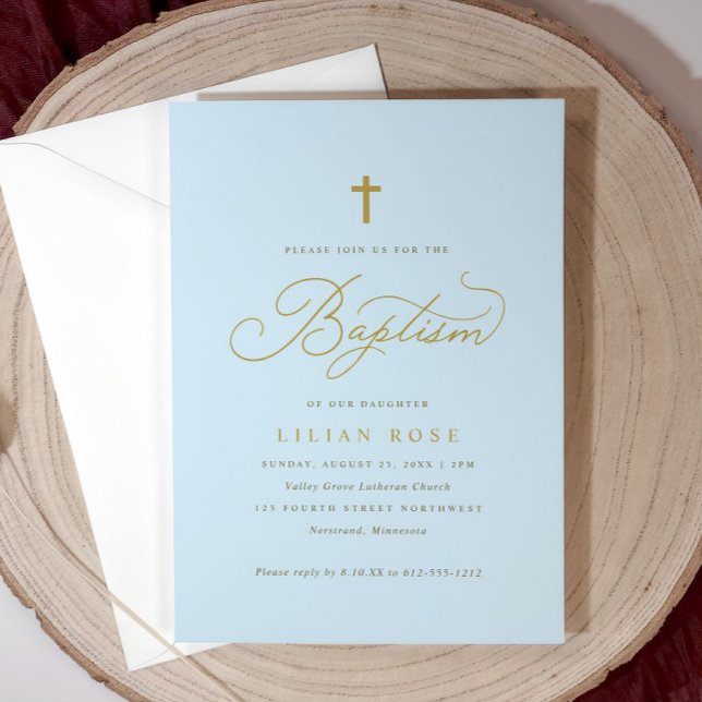 Elegantes invitaciones de bautismo a través de Blu (Light blue boy’s baptism invitation with gold script and cross—classic and customizable.)