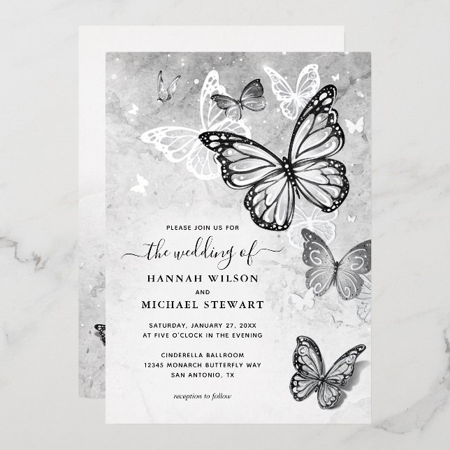 Elegantes invitaciones de boda con mariposas de pl (Anverso/Reverso)
