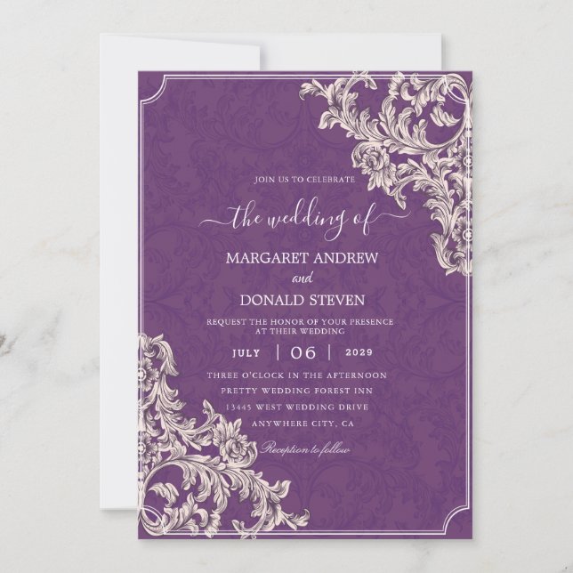 Elegantes invitaciones de boda púrpura adamascada (Anverso)