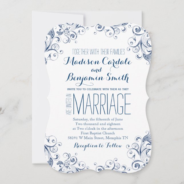 Elegantes invitaciones de bodas azules de época (Anverso)