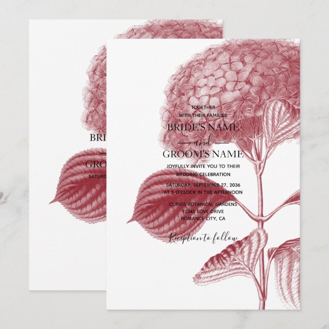 Elegantes invitaciones de bodas de Borgoña Hydrang (Anverso / Reverso)