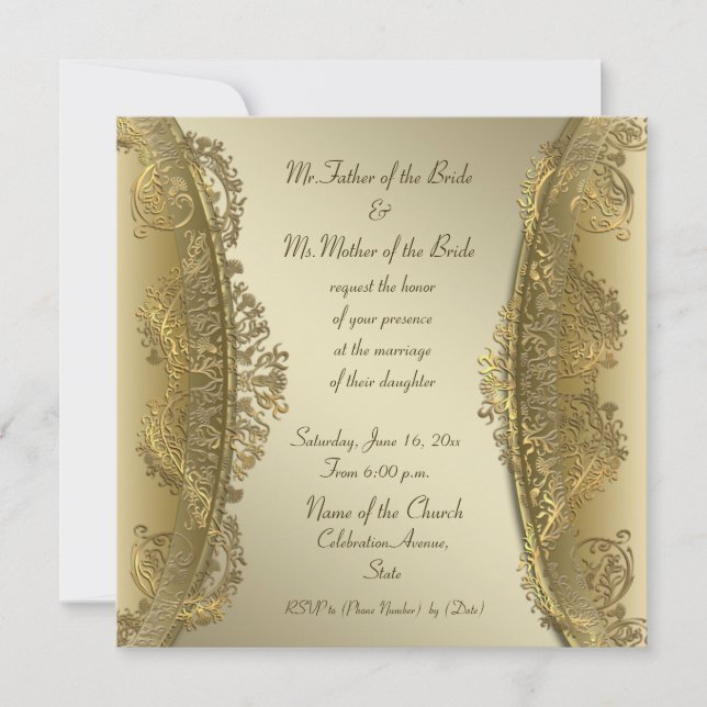 Elegantes invitaciones de bodas de damasco de oro  (Anverso)