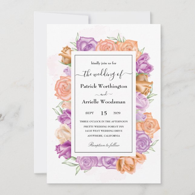 Elegantes invitaciones de bodas de melocotón y vio (Anverso)
