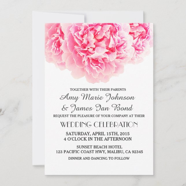 Elegantes invitaciones de bodas de peones rosados  (Anverso)