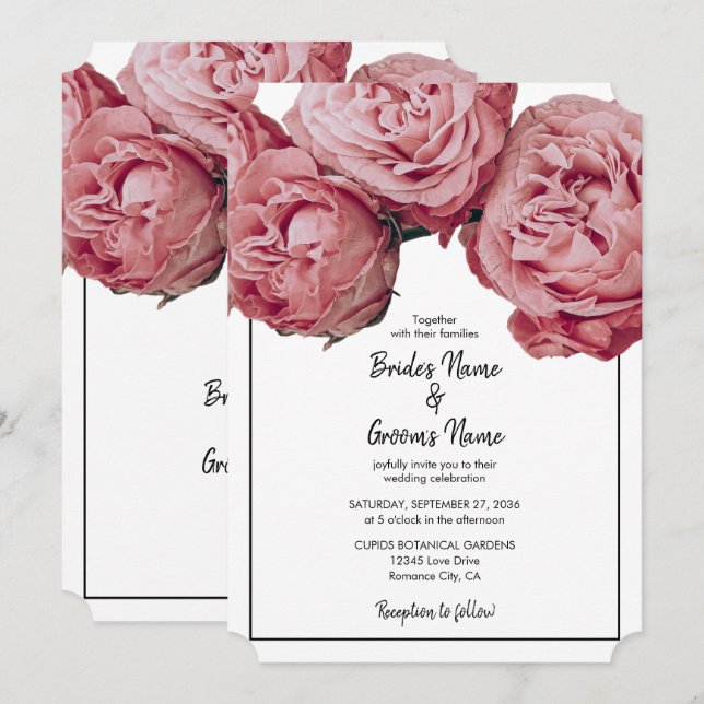 Elegantes invitaciones de bodas de rosas rosadas (Anverso / Reverso)