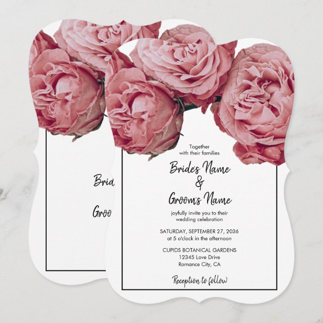 Elegantes invitaciones de bodas de rosas rosadas (Anverso / Reverso)