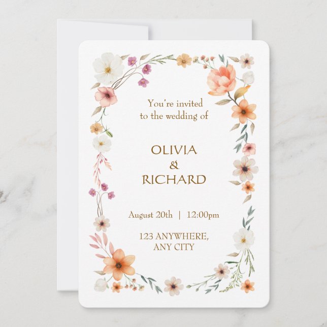 Elegantes invitaciones de Bodas Florales en Blanco (Anverso)