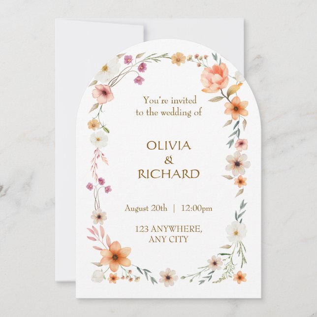 Elegantes invitaciones de Bodas Florales en Blanco (Anverso)