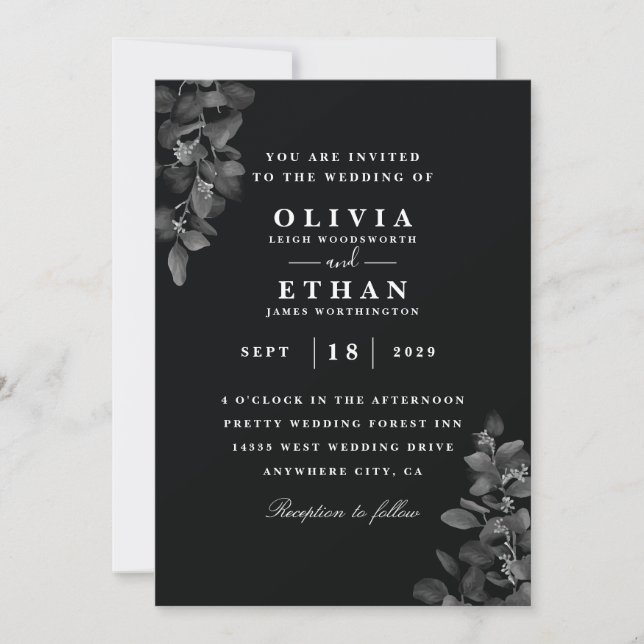 Elegantes invitaciones de bodas negras (Anverso)