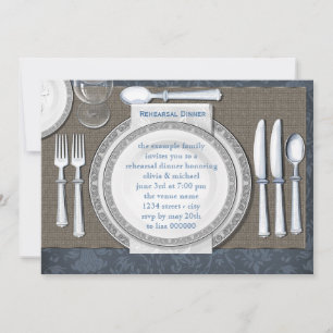 Elegantes invitaciones de cena de ensayo azul