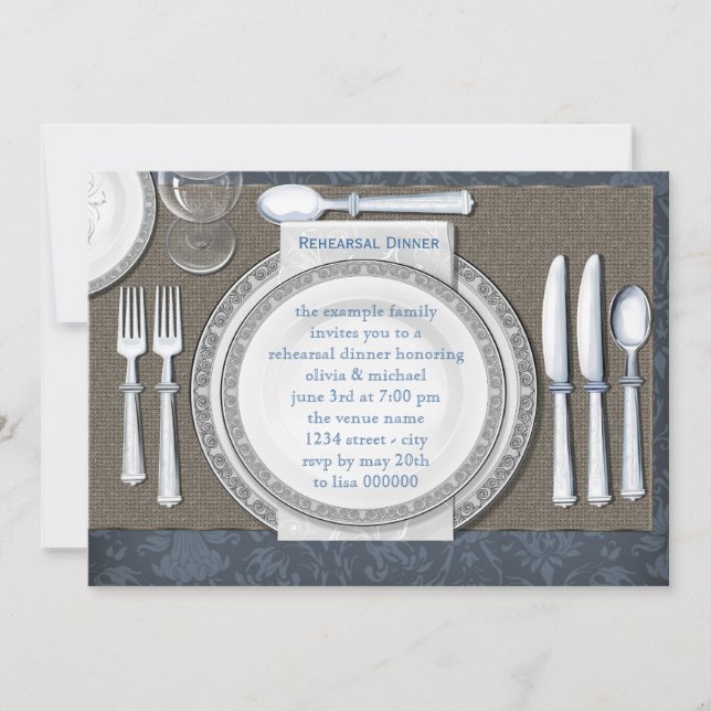 Elegantes invitaciones de cena de ensayo azul (Anverso)