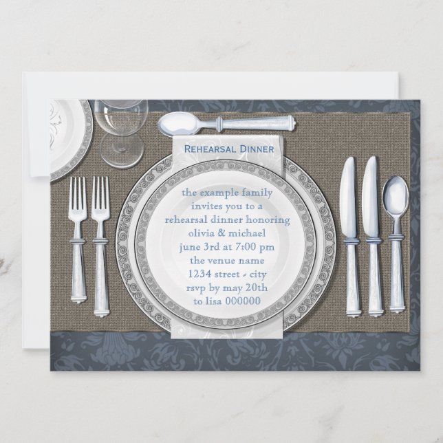 Elegantes invitaciones de cena de ensayo azul (Anverso)