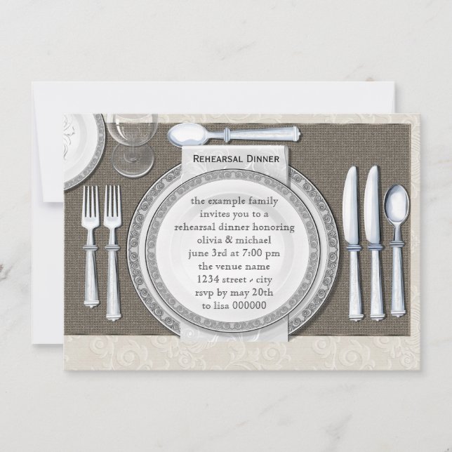 Elegantes invitaciones de cena de ensayo blanco (Anverso)