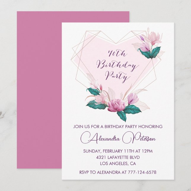 Elegantes invitaciones de cumpleaños 70 Pink Flora (Anverso / Reverso)