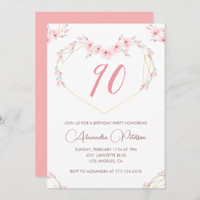 Elegantes invitaciones de cumpleaños 90 Pink Flora (Anverso / Reverso)