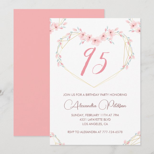 Elegantes invitaciones de cumpleaños 95 Pink Flora (Anverso / Reverso)