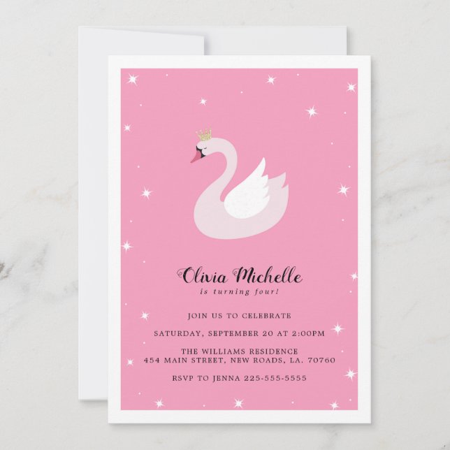 Elegantes invitaciones de cumpleaños de cisne (Anverso)