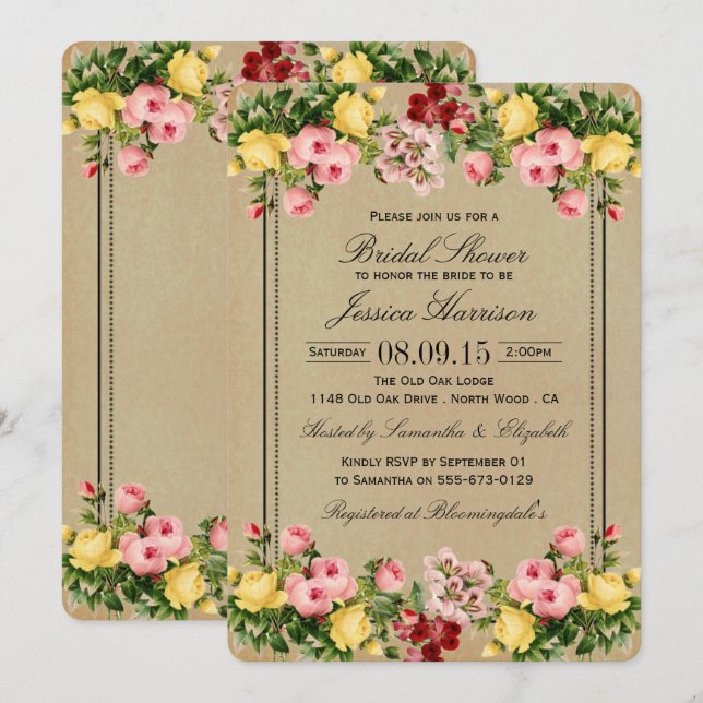 Elegantes invitaciones de ducha de novias con flor (Anverso / Reverso)