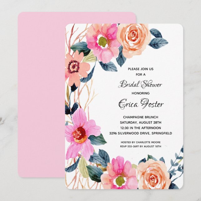 Elegantes invitaciones de ducha de novias florales (Anverso / Reverso)