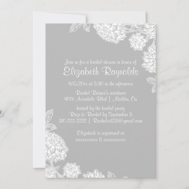 Elegantes invitaciones de ducha de novias grises (Anverso)