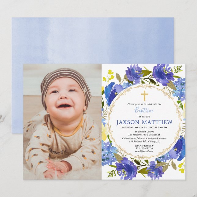 Elegantes invitaciones de fotografía al bautismo a (Anverso / Reverso)