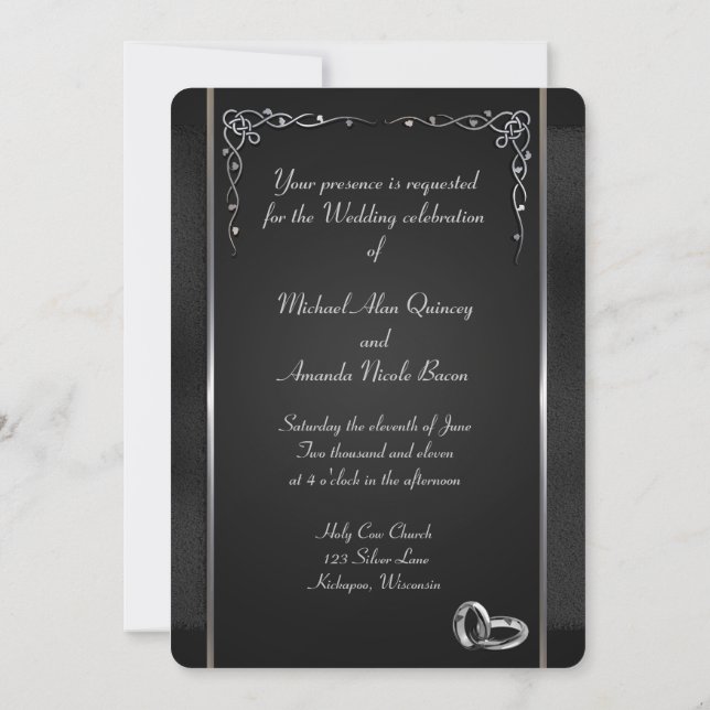 Elegantes invitaciones de matrimonio negro y plate (Reverso)
