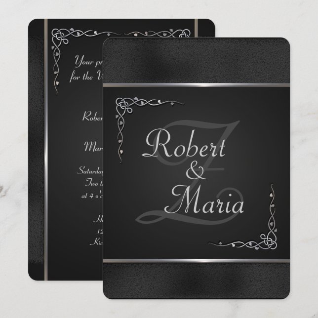 Elegantes invitaciones de matrimonio negro y plate (Anverso / Reverso)