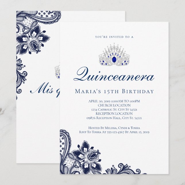 Elegantes invitaciones de Quinceanera Azul (Anverso / Reverso)