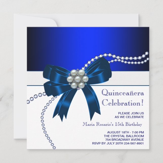 Elegantes invitaciones de Quinceanera Azul Real (Anverso)