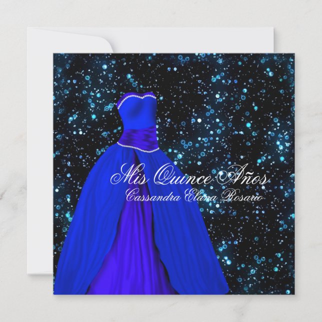 Elegantes invitaciones de Quinceanera Azul Real (Anverso)