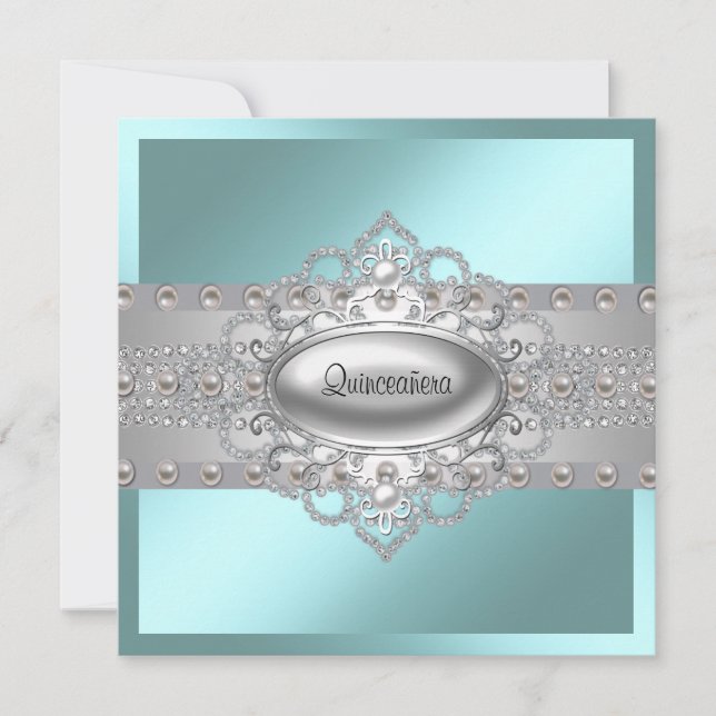 Elegantes invitaciones de Quinceanera Azul Verde a (Anverso)
