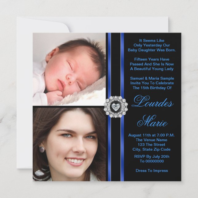 Elegantes Invitaciones de Quinceañera de Foto Azul (Anverso)