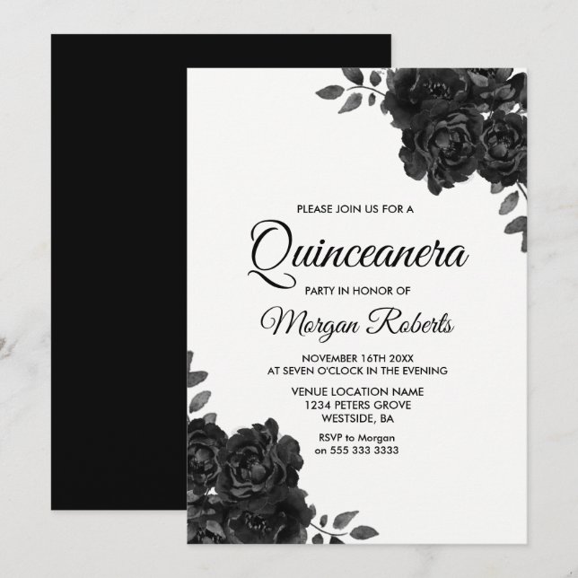 Elegantes invitaciones de Quinceanera de Rosa Blan (Anverso / Reverso)
